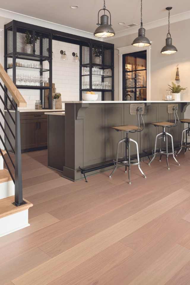 engineered hardwood in modern farmhouse kitchen with bar stools